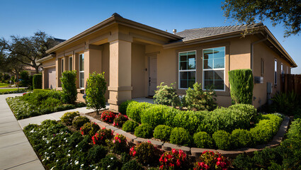 Fototapeta premium Charming home with a lush garden and inviting walkway