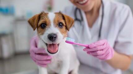 Dog getting teeth brushed by a veterinarian. Smiling dog with tongue out getting a dental checkup at the animal clinic for oral hygiene.