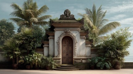 Fototapeta premium Exquisite Balinese doorway amidst lush tropical foliage and serene seascape views
