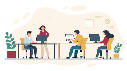 Teamwork in modern office: Diverse group of colleagues collaborating on computers, ideal for website banners or brochures.
