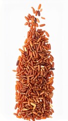 Brown rice grains isolated on white background with shallow depth of field to highlight texture