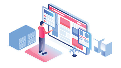 Isometric illustration of a person interacting with a large screen and floating panels design