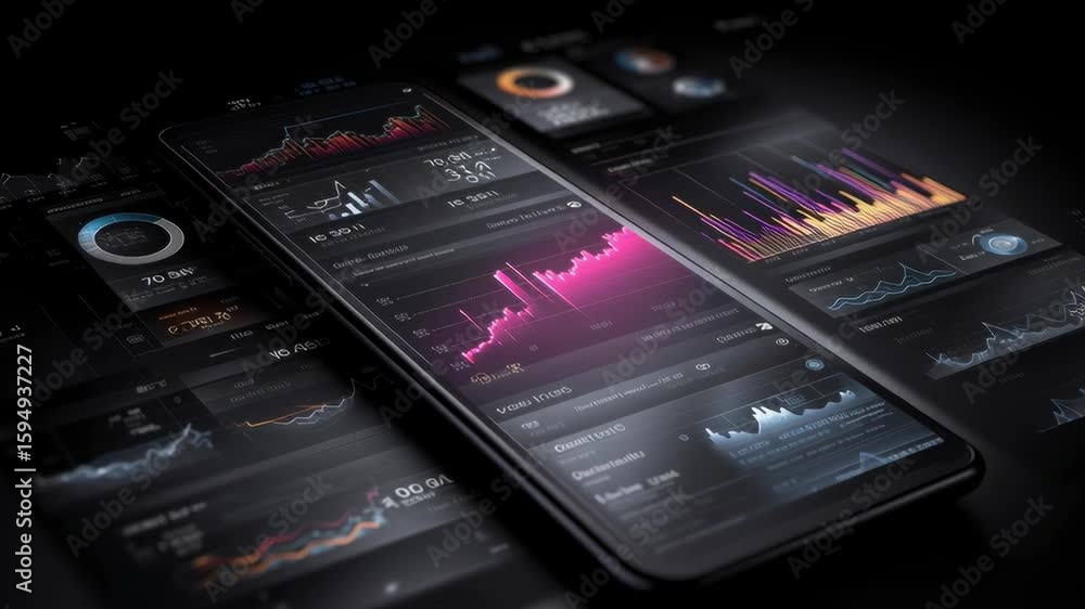 Poster an abstract dynamic stock market dashboard with multiple charts, graphs, bars, data visualizations a