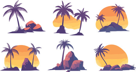 Obraz premium Tropical Palm Tree Silhouette Set with Sunset Backgrounds and Rock Formations