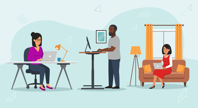 Diverse team working remotely from home, ideal for illustrating work-life balance or remote work concepts on a website or blog.