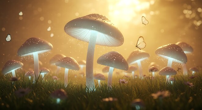 Enchanted Forest Mushrooms with Butterflies at Sunset - Powered by Adobe