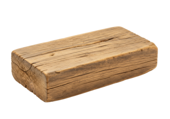 Weathered, rough-hewn rectangular wood piece with horizontal grain, brown & golden tones, jagged edges, isolated on a transparent background with studio lighting, slightly high angle. Concept for