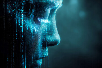 Futuristic digital rendering of a human face dissolving into glowing data streams, symbolizing artificial intelligence and abstract neural connectivity. ai generative