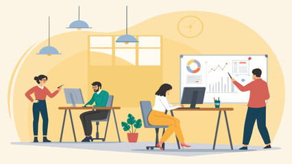 Teamwork in modern office: Illustration of colleagues collaborating on project, perfect for business presentations or website landing pages.