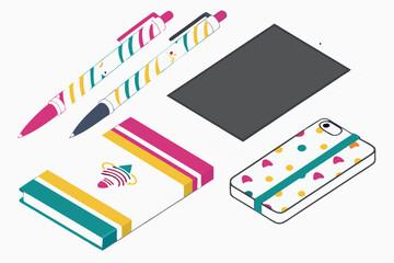 Isometric view of pens, a notebook with a logo, a black rectangle, and a patterned phone case on white