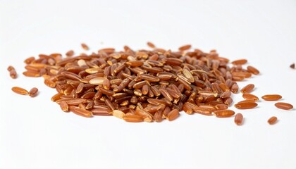Brown rice grains isolated on white background with shallow depth of field to highlight texture