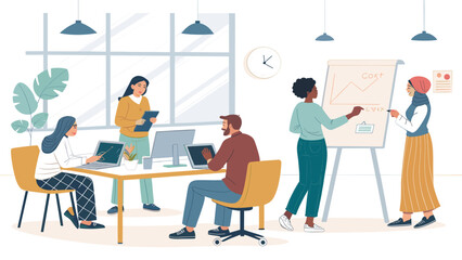 Diverse team collaborating on a project in a modern office, perfect for website landing pages or business brochures.