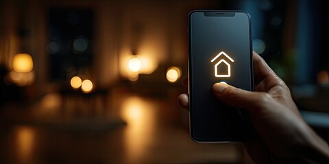 Smartphone controlling home lights in a dimly lit living room