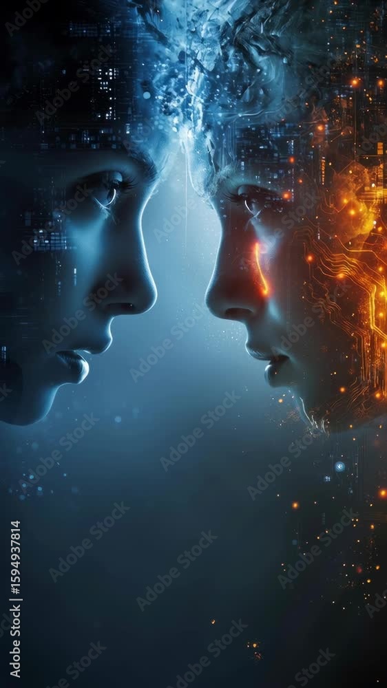 Poster a beautiful woman and an ai robot facing each other, concept of integration between humans and artif