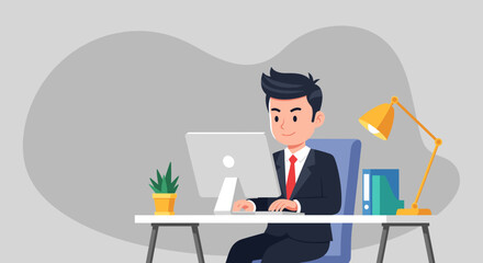 Businessman working on computer in modern office. Illustration perfect for website banners, presentations, or brochures.