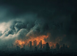 A dark city skyline with smoke and fire, depicting the destruction of buildings during an earthquake or tornado. The background is a dark sky filled with clouds. High-resolution photograph, high detai