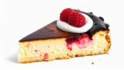 Burnt Basque cheesecake slice with whipped cream and raspberries isolated on white background, rustic dessert, creamy texture, copy space