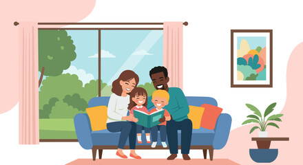 Happy family reading a book together on a comfy couch. Perfect for websites, brochures, and children's books.
