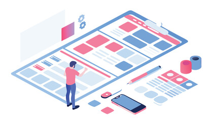 Isometric illustration of a man designing a website layout with design elements and a smartphone on a table
