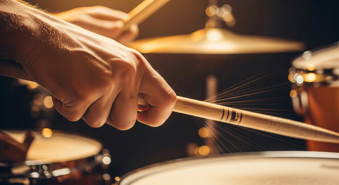extreme close-up of a drummer’s hand striking a drum with a wooden drumstick