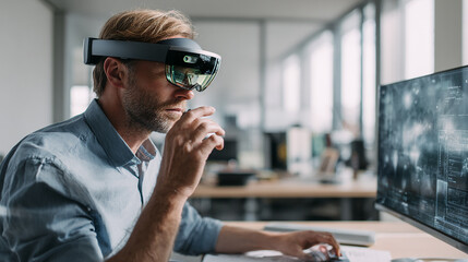 Man wearing augmented reality headset working in modern office, innovation and technology at work.