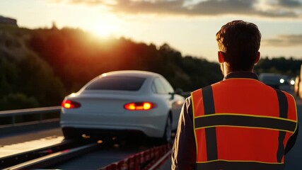 A professional driver in a safety vest inspects a white car on a truck bed, showcasing expert roadside assistance in summer heat.