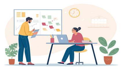 Collaborative Teamwork: Two colleagues working together on a project, perfect for illustrating teamwork, brainstorming, or project management concepts on your website or brochure.