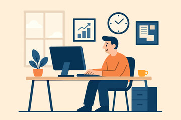 Man working on computer at his desk, perfect for illustrating productivity, remote work, or a blog post about business.