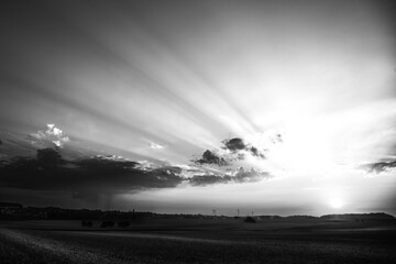 Black and White Scene with Sunlight Streaming over Plowed Field and Turbines on Horizon