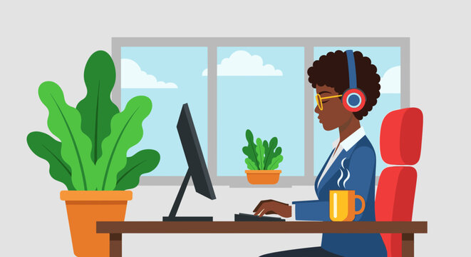 African American woman working from home, ideal for remote work and productivity blogs.