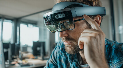 Man wearing augmented reality headset working in modern office, innovation and technology at work.