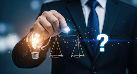 Business Decision Concept: Businessman Balancing Idea Bulb and Question Mark with Scales, Symbolizing Strategy, Innovation, and Problem Solving Solutions
