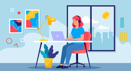 Woman working from home on laptop, modern illustration for website or blog.