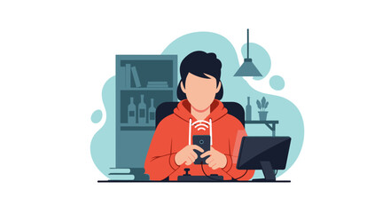 Person using smartphone and computer at home office, ideal for technology, remote work, and communication concepts.