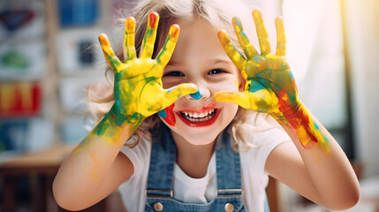 little girl with painted hands