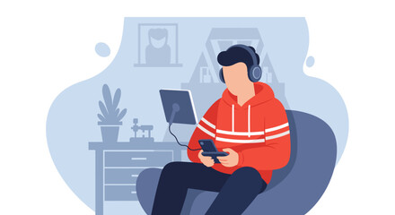 Young man relaxing at home with headphones and smartphone, perfect for blog posts about leisure or technology.