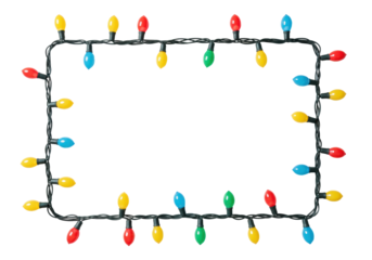A precisely arranged string of illuminated, modern LED festive lights in vibrant red, green, blue, and yellow forming a clean rectangular frame against a transparent, shadowless background with copy