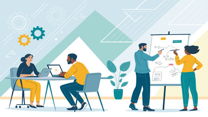 Diverse team collaborating on a project, perfect for illustrating teamwork, brainstorming, and project management concepts.