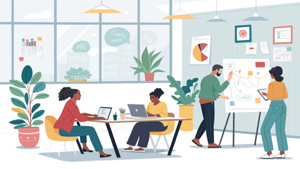 Diverse team brainstorming in a modern office, perfect for illustrating teamwork and collaboration on a company website or presentation.