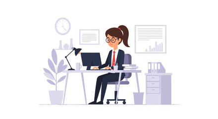 Businesswoman working at her desk, perfect for website banners or marketing materials.