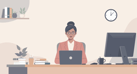 Professional businesswoman working on laptop in modern office, ideal for business websites and presentations.