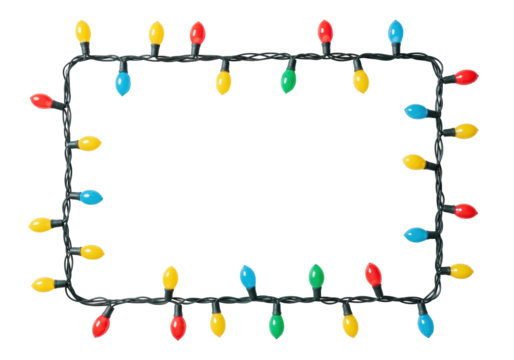 A precisely arranged string of illuminated, modern LED festive lights in vibrant red, green, blue, and yellow forming a clean rectangular frame against a transparent, shadowless background with copy
