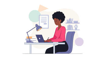 African American woman working on laptop at home office, perfect for blog post, website banner, or social media.