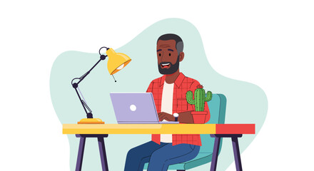 Happy man working on laptop at home office, perfect for blog, website or social media.