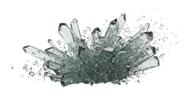 Numerous sharp crystalline fragments of shattered glass or ice with razor-sharp edges and reflective qualities, scattering outwards on a transparent infinite studio background, concept of fragility