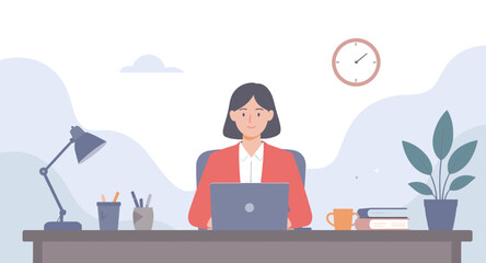 Woman working on laptop at desk - Illustration for website or blog