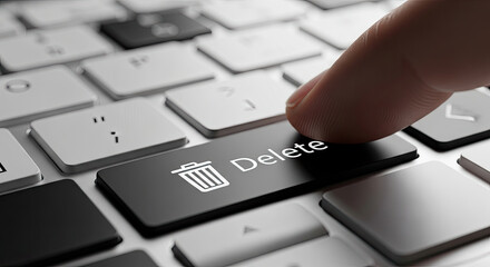 Finger Pressing Delete Key on Keyboard: Data Erasure, Privacy Concept, Computer Security, Information Management, and Digital Deletion Symbol