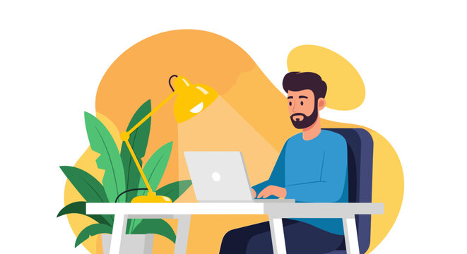 Man working on laptop at home office, ideal for website banners and blog posts about remote work.