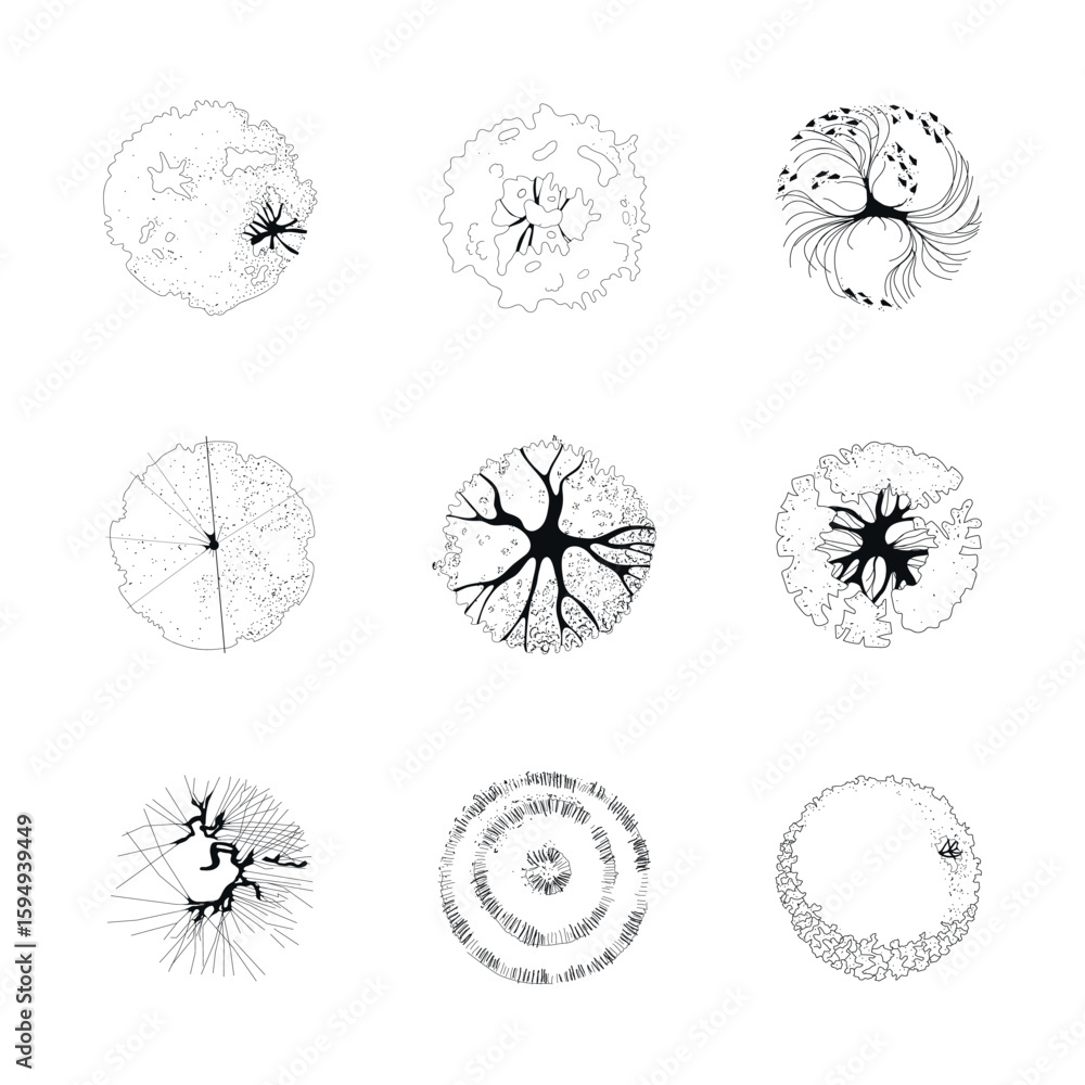 Fototapete Collection of trees for master plans and vertical layout. Trees view from above. Vector illustration
