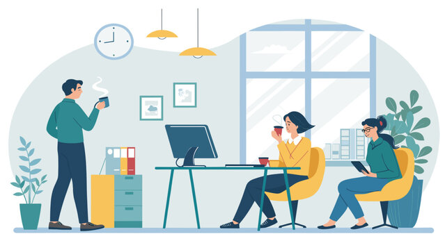 Modern office workers collaborating and taking a coffee break. Ideal for websites, brochures, and presentations on teamwork and productivity.